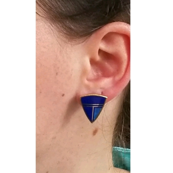 Earrings 14k Gold Opal Lapis Ray Tracey. - Picture 2 of 12